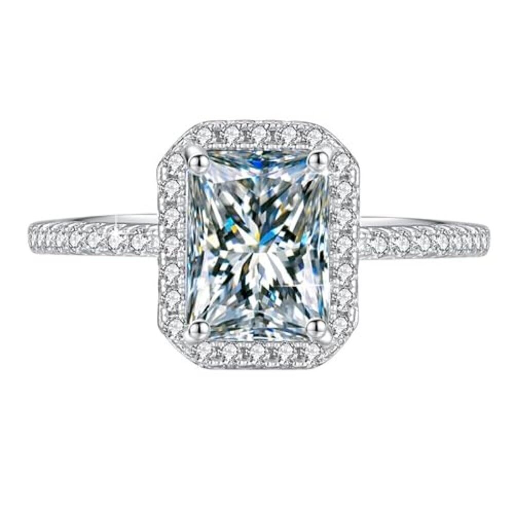 2 Ct Moissanite Women's Ring S925 Sterling Silver Pave Square Diamond - Picture 3 of 5